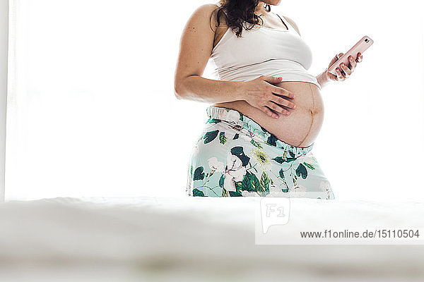 Mid-section of pregnant woman holding cell phone
