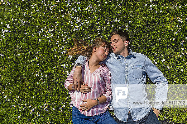 Glückliches junges Paar entspannt auf Gras in einem Park  Blick von oben