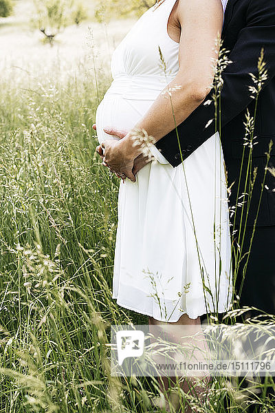 Pregnant bride with her husband holding baby belly on a meadow