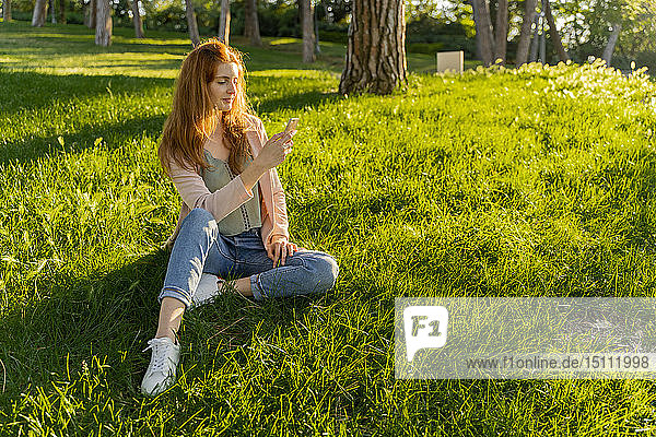 Junge rothaarige Frau benutzt Smartphone in einem Park
