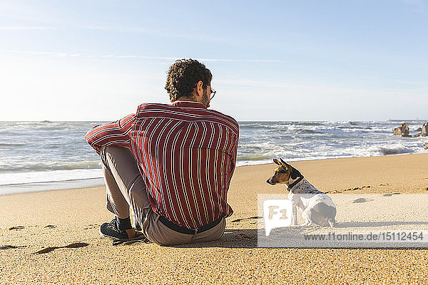 Portugal  Porto  Rückenansicht eines jungen Mannes  der mit seinem Hund am Strand sitzt