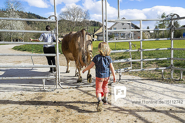 Tochter mit Mutter und Kuh auf einem Bauernhof