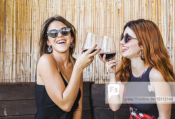 Two happy women having a glass of red wine at a bar