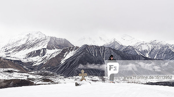 Georgia  Caucasus  Gudauri  man on a ski tour to Lomisi Monastery