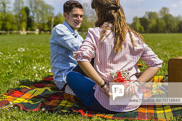 Junge Frau überreicht ihrem Freund in einem Park ein Geschenk