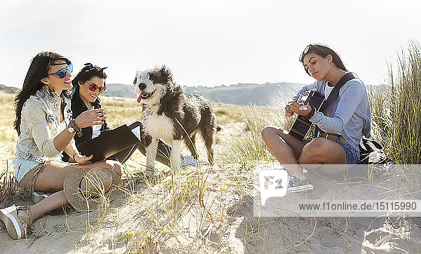 Drei glückliche Frauen mit Hund und Gitarre am Strand