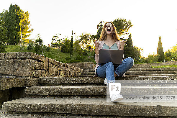 Junge rothaarige Frau mit Laptop und jubelnd auf einer Treppe in einem Park sitzend