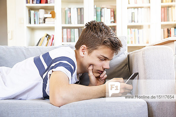Teenage boy lying on the couch at home using cell phone