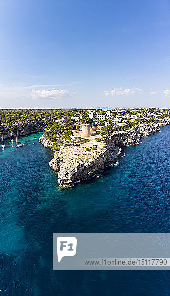 Spain Balearic Islands Mallorca Llucmajor Aerial view of bay of Cala Pi and Torre de Cala Pi