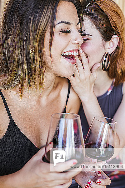 Zwei glückliche Frauen bei einem Glas Rotwein