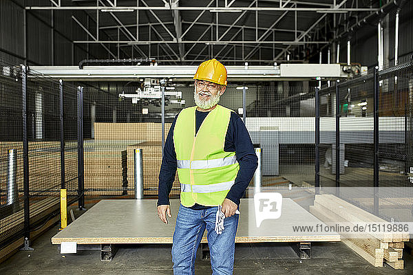 Portrait of smiling mature worker in factory warehouse