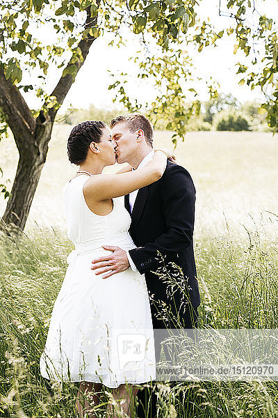 Pregnant bride kissing her husband on a meadow