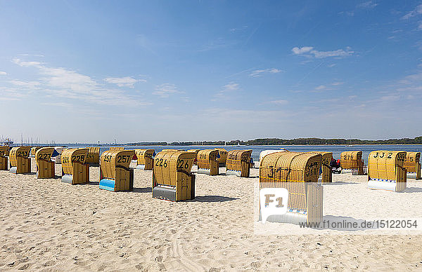 Beach with hooded beach chairs  Baltic sea seaside resort Laboe  East bank  Kieler Foerde  Schleswig-Holstein  Germany