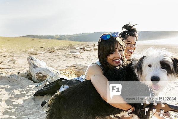 Zwei glückliche Frauen mit Hund am Strand