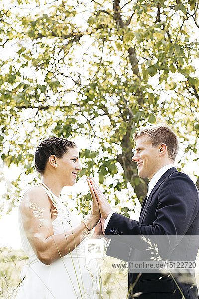 Pregnant bride and her husband holding hands on a meadow