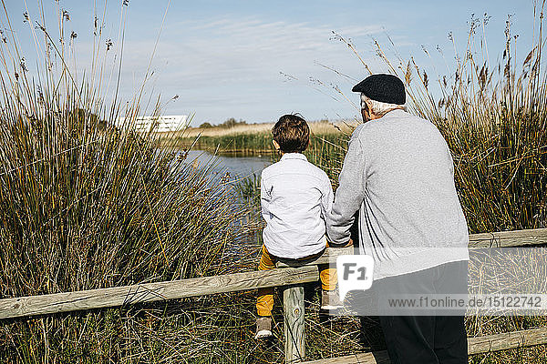 Rückansicht eines kleinen Jungen und seines Großvaters mit Blick auf einen See