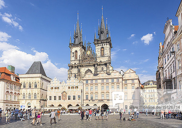 The Church of Our Lady Before Tyn in the busy Old Town Square (Staromestske namesti)  UNESCO World Heritage Site  Prague  Czech Republic  Europe