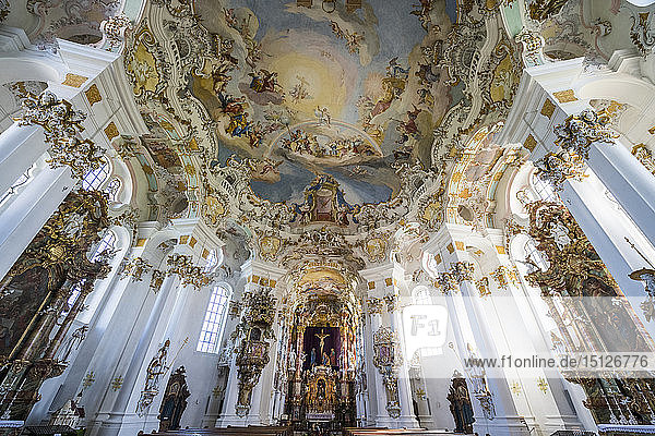 Rococo style paintings on the ceiling of the Pilgrimage Church of Wies UNESCO World Heritage Site Steingaden Bavaria Germany Europe