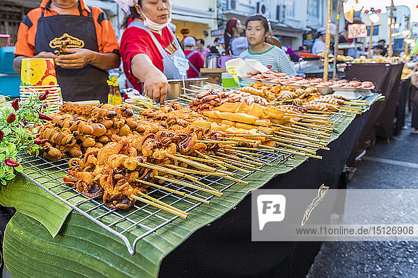 A barbecue seafood stall at the famous Walking Street night market in Phuket old Town  Phuket  Thailand  Southeast Asia  Asia