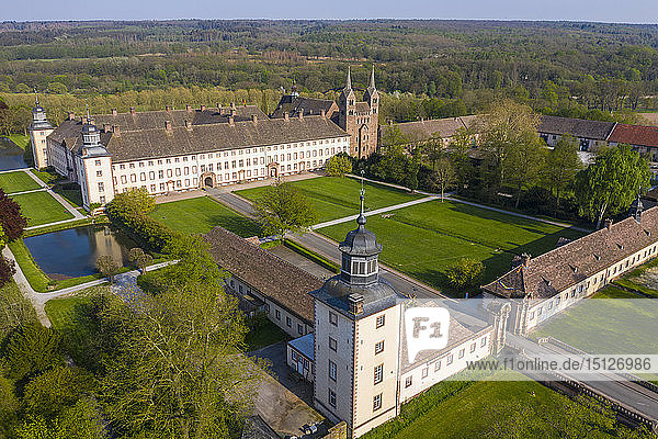 Aerial of the Princely Abbey of Corvey UNESCO World Heritage Site North Rhine-Westphalia Germany Europe