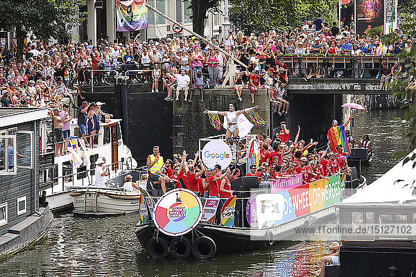 Google boat at Gay Pride parade  Canal parade in Amsterdam  North Holland  The Netherlands  Europe