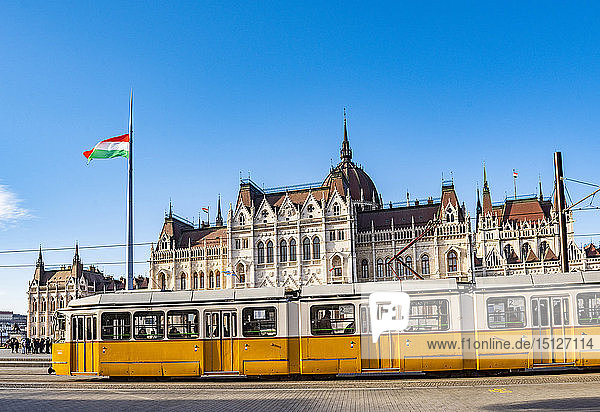 Parlamentsgebäude und gelbe Straßenbahn  Budapest  Ungarn  Europa