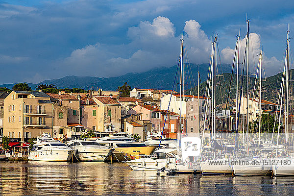 Boats moored in the small harbour of Saint Florent in northern Corsica  France  Mediterranean  Europe