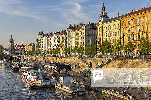 Art Nouveau buildings at Vltava River embankment at Rasinovo Nabrazi riverside street Prague Bohemia Czech Republic Europe
