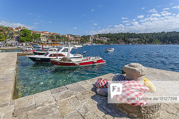 View of harbour boats and Cavtat on the Adriatic Sea  Cavtat  Dubrovnik Riviera  Croatia  Europe