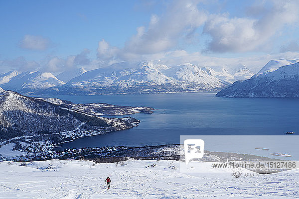 Ski touring in the Lyngen Alps  Lyngseidet  Lyngen peninsula  Troms County  Norway  Scandinavia  Europe