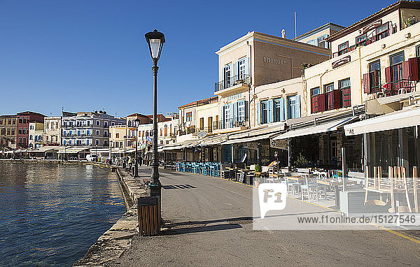 Colourful waterfront cafes beside the Venetian Harbour  Hania (Chania)  Crete  Greek Islands  Greece  Europe