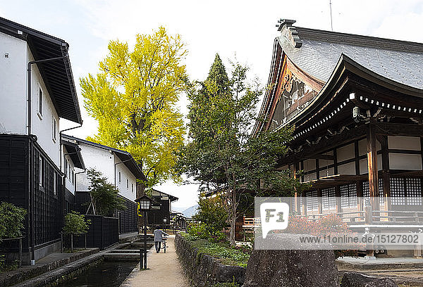 The Enkouji Temple and traditonal houses along the Setogawa Canal in Hida Furukawa Gifu Prefecture Japan Asia