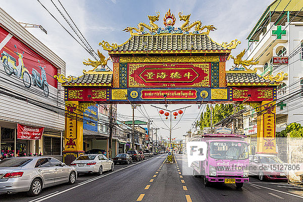 A colourful ornate entrance to Phuket Road in Phuket old town  Phuket  Thailand  Southeast Asia  Asia