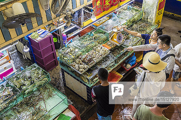 Luftaufnahme eines Stands mit lebendem Fisch auf dem überdachten Banzaan-Lebensmittelmarkt in Patong  Phuket  Thailand  Südostasien  Asien