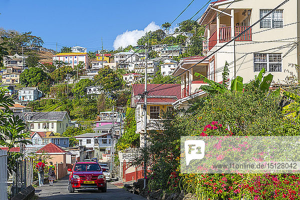 Blick auf bunte Häuser mit Blick auf den Carenage von St. George's  Grenada  Inseln über dem Winde  Westindien  Karibik  Mittelamerika