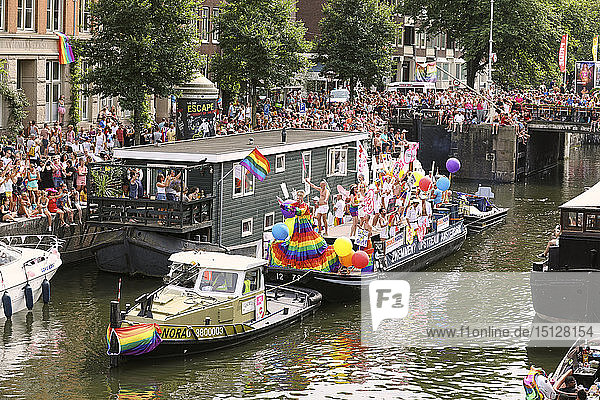 Boat at Gay Pride parade  Canal parade in Amsterdam  North Holland  The Netherlands  Europe