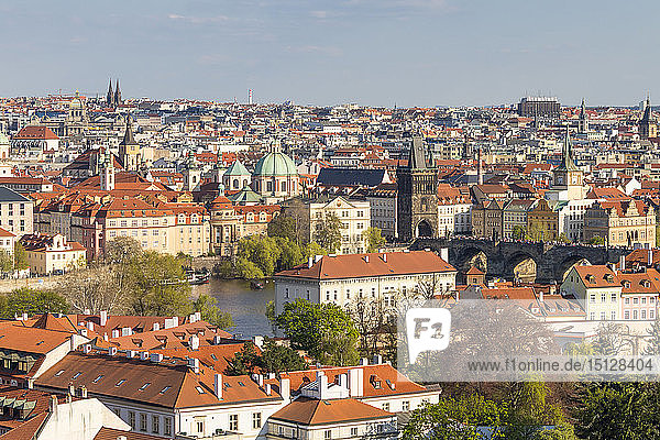 Elevated view from Prague Castle over the Lesser Town  Charles Bridge and the old town  UNESCO World Heritage Site  Prague  Bohemia  Czech Republic  Europe