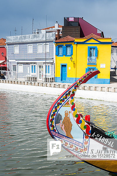 Colourful decorative Moliceiro boat typical to the town of Aveiro in Central Portugal Europe