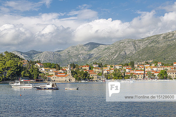 Blick auf Stadt und Hafen in Cavtat an der Adria  Cavtat  Dubrovnik Riviera  Kroatien  Europa