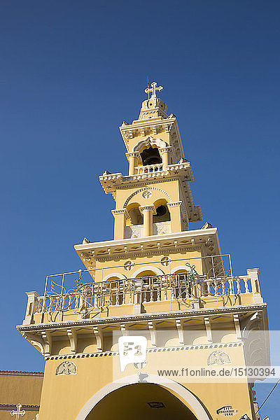 Colourful bell-tower of the Greek Orthodox church  Paleohora (Paleochora)  Hania (Chania)  Crete  Greek Islands  Greece  Europe