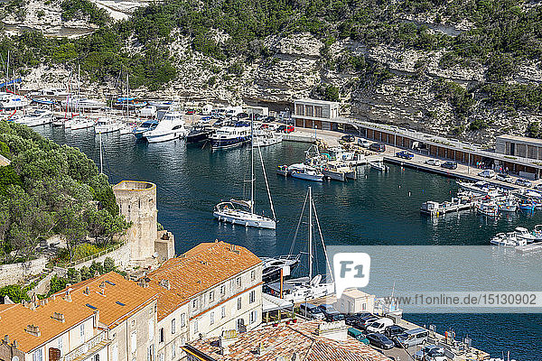 Boats moored in the marina in the southern Corsica town of Bonifacio  Corsica  France  Mediterranean  Europe