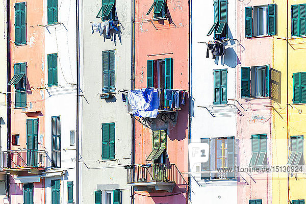Detail of traditional houses of Porto Venere Cinque Terre UNESCO World Heritage Site Liguria Italy Europe