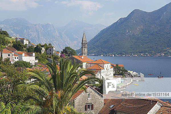 Blick über die Dächer auf die Bucht von Kotor  Glockenturm der Kirche St. Nikolaus (Sveti Nikola)  prominent  Perast  Kotor  UNESCO-Weltkulturerbe  Montenegro  Europa