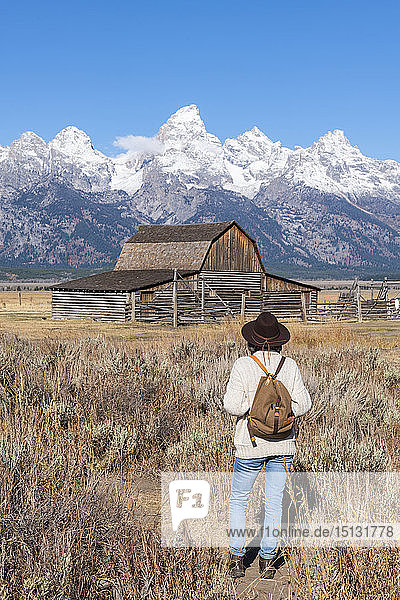 Mormon Row und Teton Range  Grand Teton National Park  Wyoming  Vereinigte Staaten von Amerika  Nordamerika