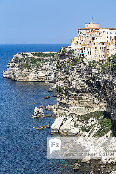 The Citadel and old town of Bonifacio perched on rugged cliffs Bonifacio Corsica France Mediterranean Europe