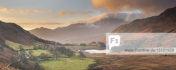 Panoramic Image of view to Blea Tarn in autumn from Side Pike Langdale Pikes Lake District National Park UNESCO World Heritage Site Cumbria England United Kingdom Europe