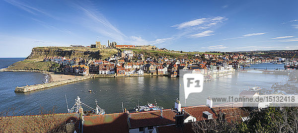 Whitby Abbey  St Mary's Church  199 Steps and the River Esk and Harbour  Whitby  Yorkshire  England  United Kingdom  Europe
