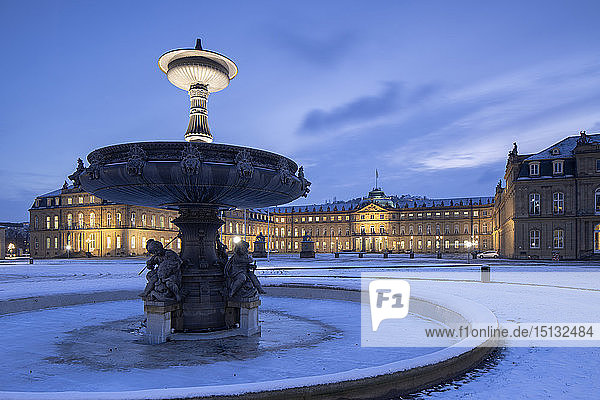 Schlossplatz (Castle Square) and Neues Schloss (New Castle) at dawn, Stuttgart, Baden-Wurttemberg, Germany, Europe