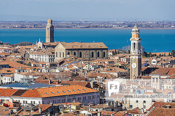 Rooftops panoramic day city north view with low rise buildings with red tiles  seen from St. Marks Campanile  Venice  UNESCO World Heritage Site  Veneto  Italy  Europe