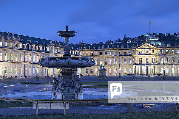 Schlossplatz (Castle Square) and Neues Schloss (New Castle) at dusk, Stuttgart, Baden-Wurttemberg, Germany, Europe